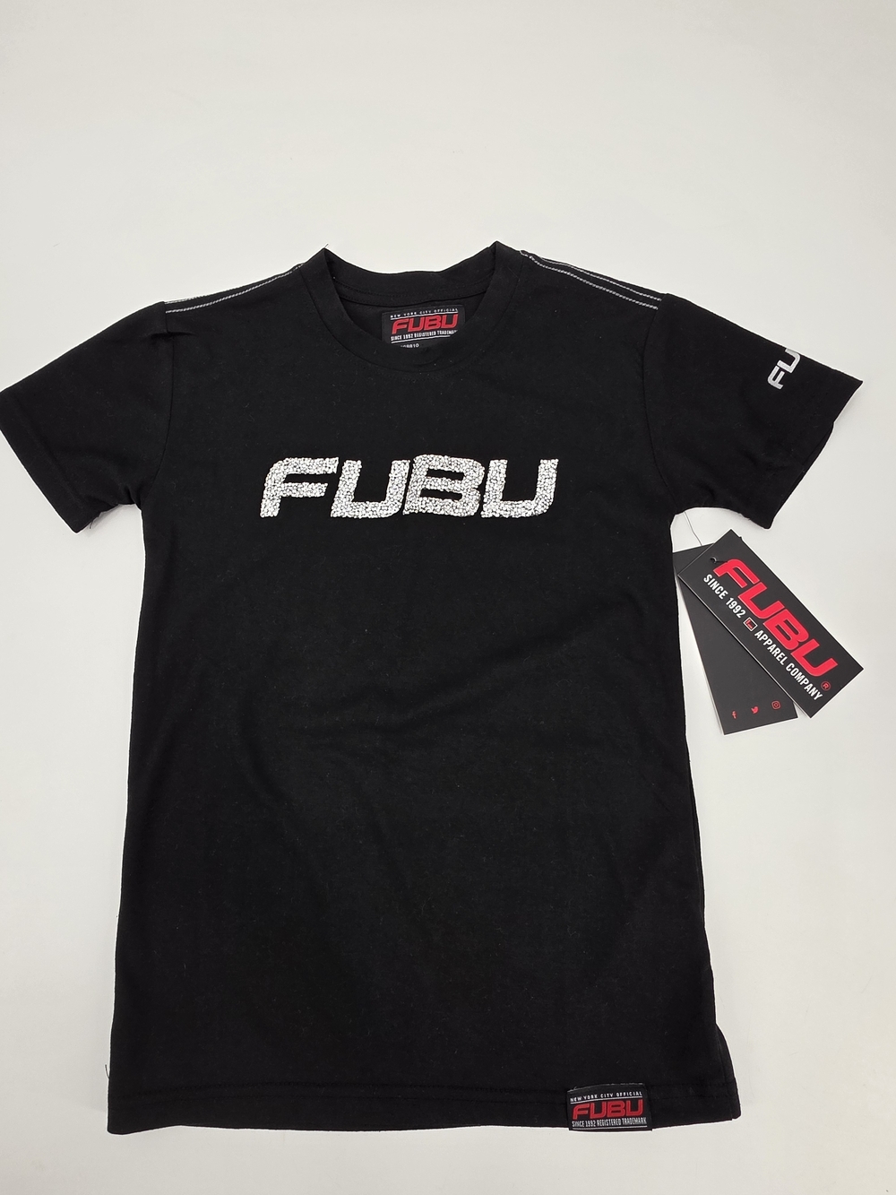 FUBU Black Tee with Sparkle Rhinestones Logo Size 8 NWT